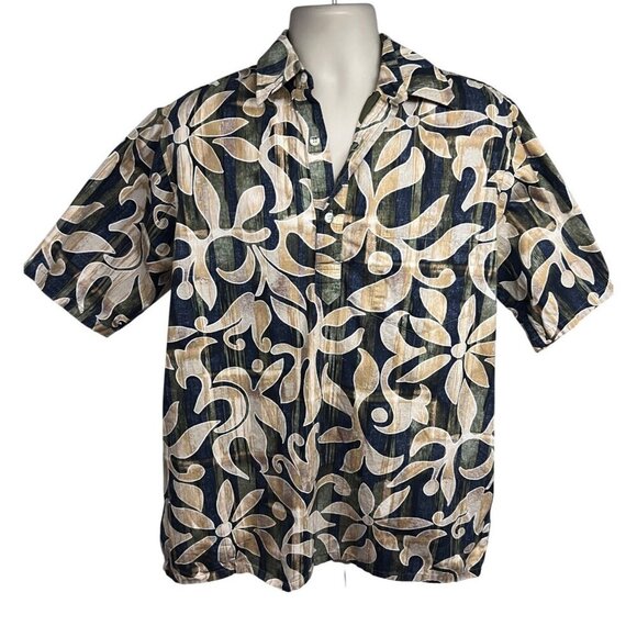 Go Barefoot Vintage Reverse Floral Print Pullover Hawaiian Shirt Large Pocket